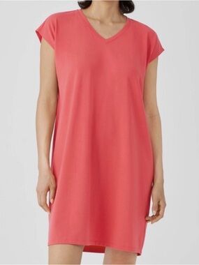Eileen Fisher Coral Short Sleeve Jersey V-Neck Dress Size XS